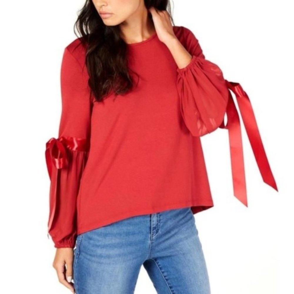 NWT Vince Camuto Deep Red Crew Neck Satin Red Bow Long Sleeve Top Size M - Picture 1 of 5